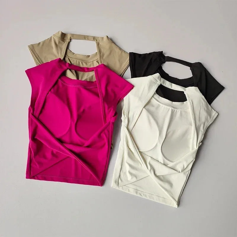 Damen Slim Fit Sport-Tanktop mit offenem Rücken, integrierten BH-Schalen, atmungsaktiv, für Pilates und Yoga