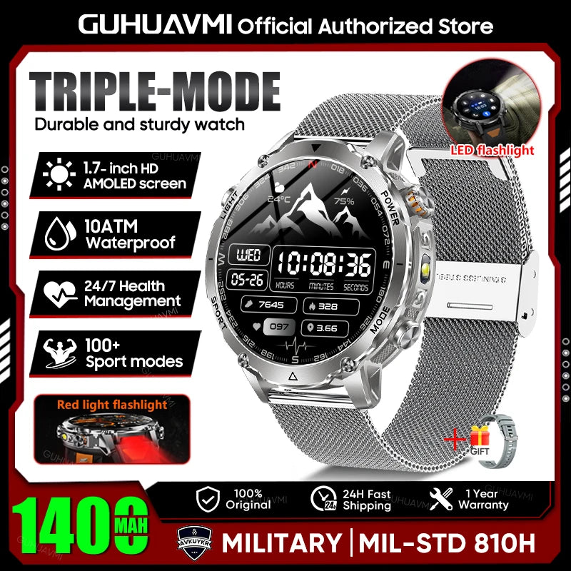 2026 Neue TANK Ultra 1400mAh Akku Militär Smartwatch 10ATM Wasserdicht Herzfrequenz Taktische LED Taschenlampe Herren Sportarmband