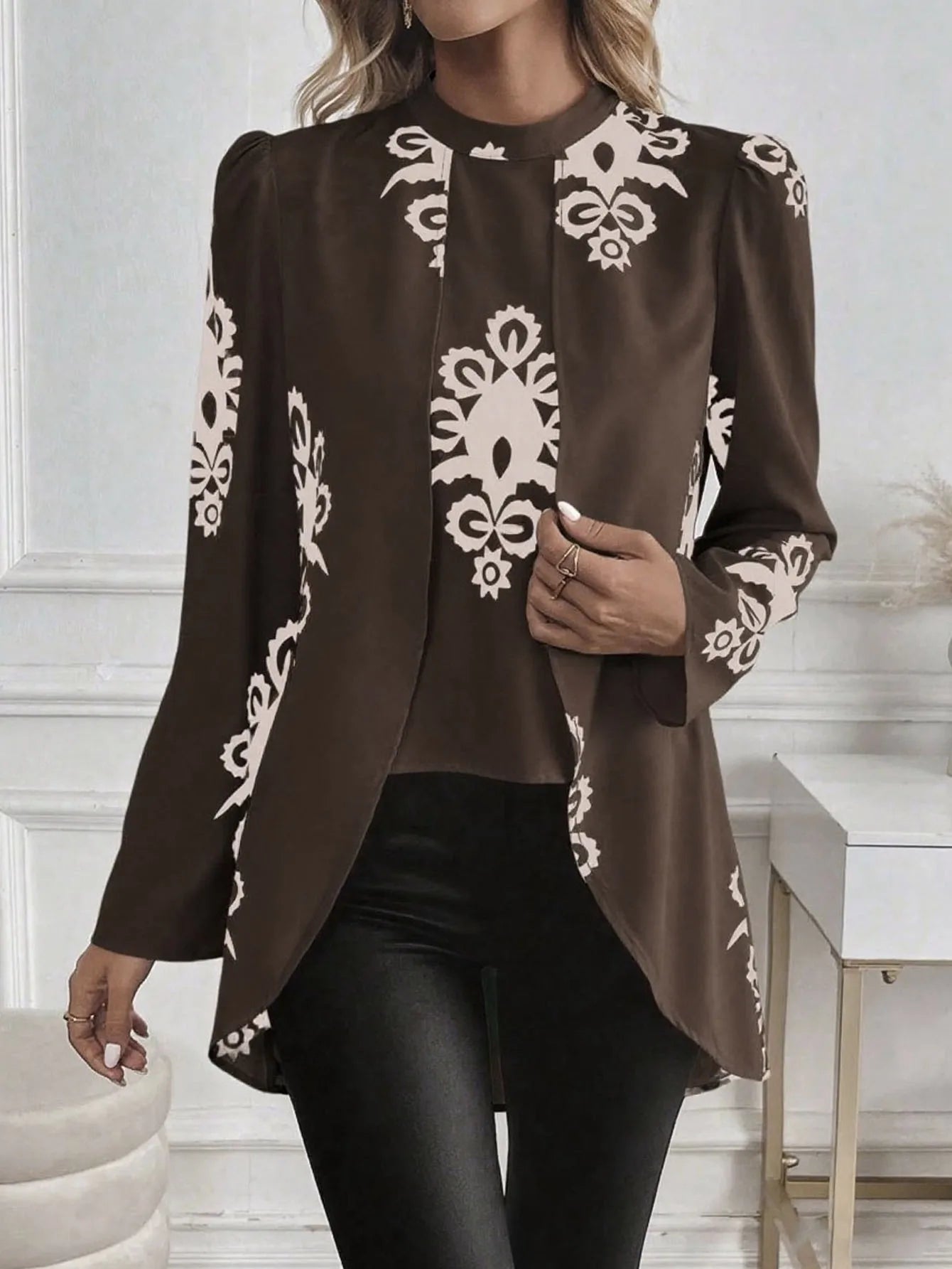 2026 Fashion Long Sleeve Print Blouses Women Spring Elegant Office Ladies Tops Femme Fake Two Pieces Blouse Shirts Women's Top