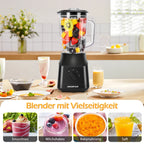 Aigostar Standmixer und Smoothie Maker, 1,5 Liter Glasbehälter, Titanbeschichtete Klingen, Eisfunktion, 2 Geschwindigkeiten + Pulsfunktion