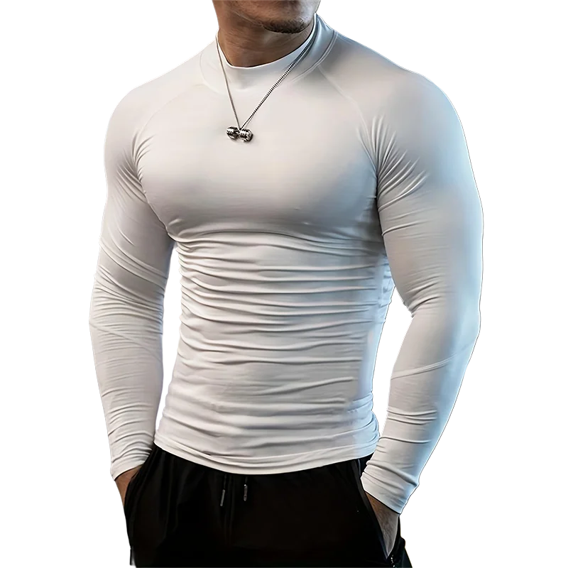 Einfarbige, eng anliegende, schweißabsorbierende, elastische Shirts Fitnessstudio Bodybuilding Fitness Rollkragen-T-Shirts Herren Langarm Schnelltrocknend Herbstkleidung