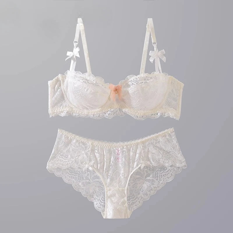 MOYISU Sommer-Dessous-Set, transparenter französischer Spitze, Minimizer-BH, Slip, ultradünn, sexy Damenunterwäsche, großer Busen, sexy Po & Höschen