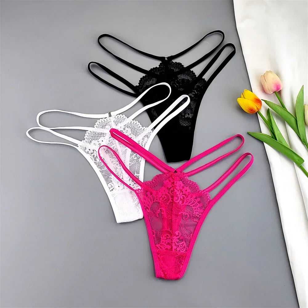 3 Stück Spitze Dünne Träger Tanga Frauen Tiefe Taille Sexy Perspektive Unterwäsche Damen Transparenter G-String Slip Plus Size T-Rücken