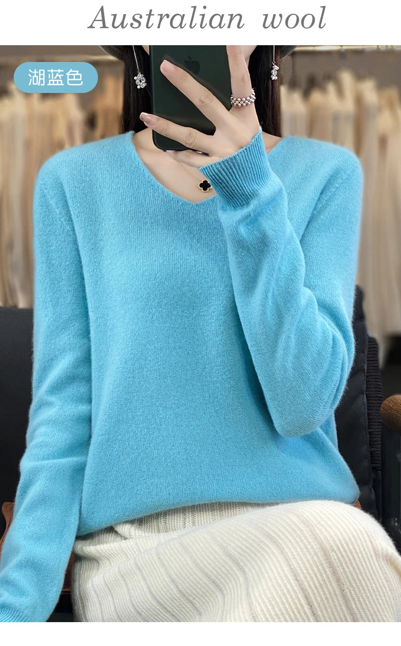 Damen 100% Merinowolle Pullover V-Ausschnitt Basic Pulli Herbst Winter Kaschmir Kleidung Langarm Weiche Strickware Oberteile Unifarben
