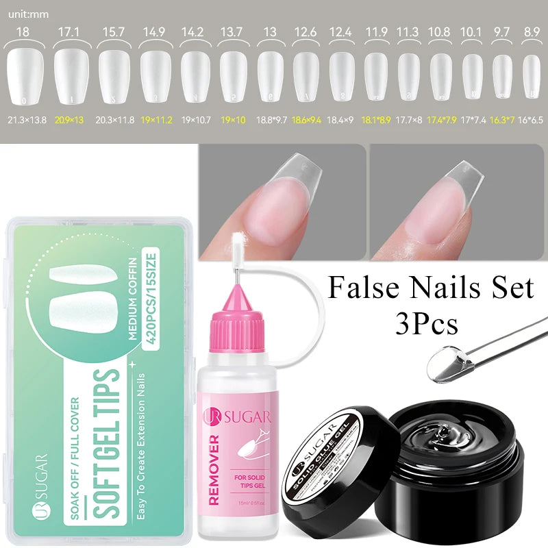 UR SUGAR 3tlg. Künstliche Nägel Set mit 420Stk. matten Soft Gel Tips Solid Glue Gel Entferner Schnelles Nagelverlängerungs-Kit Nagelpflege Starter-Set
