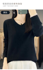 Damen 100% Merinowolle Pullover V-Ausschnitt Basic Pulli Herbst Winter Kaschmir Kleidung Langarm Weiche Strickware Oberteile Unifarben