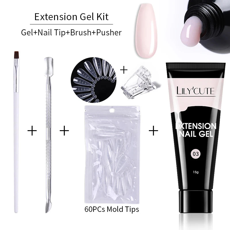 LILYCUTE 15ml Verlängerungsgel-Nagellack-Set Quick Nail Prolong mit Verlängerungsform-Nagelspitzen Acryl-Lösung Maniküre-Werkzeug-Kit