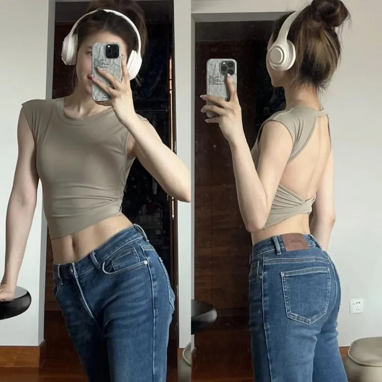 Damen Slim Fit Sport-Tanktop mit offenem Rücken, integrierten BH-Schalen, atmungsaktiv, für Pilates und Yoga