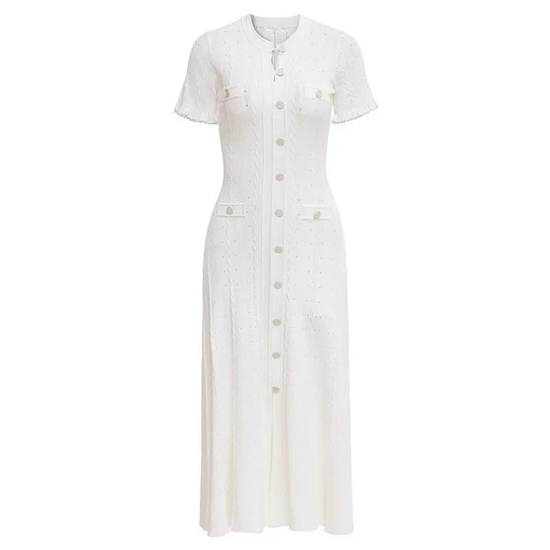 Sommer einfarbig Rundhals Kurzarm Business-Kleid Damen Koreanisch Einreiher Ausgeschnittenes langes Kleid Modetrend