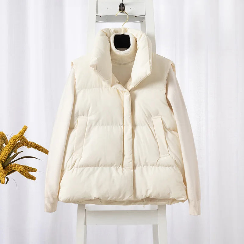 Damenmode Herbst Neu 2024 Stehkragen Elegante Daunenmäntel Warme Oberbekleidung Freizeitgürtel Ärmellose Winter Damenwesten Jacken