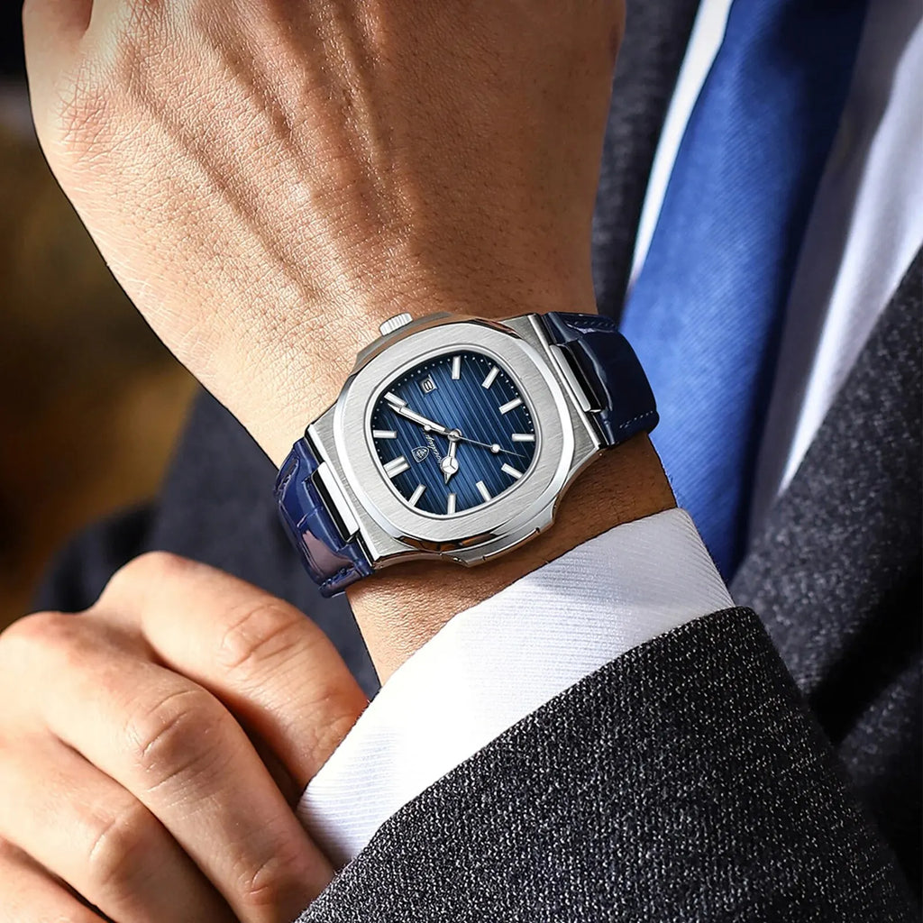 POEDAGAR Top Luxus Quadratische Herrenuhr Datum Wasserdicht Leuchtend Herren Armbanduhr Hochwertige Leder Herren Quarzuhren+Box Reloj