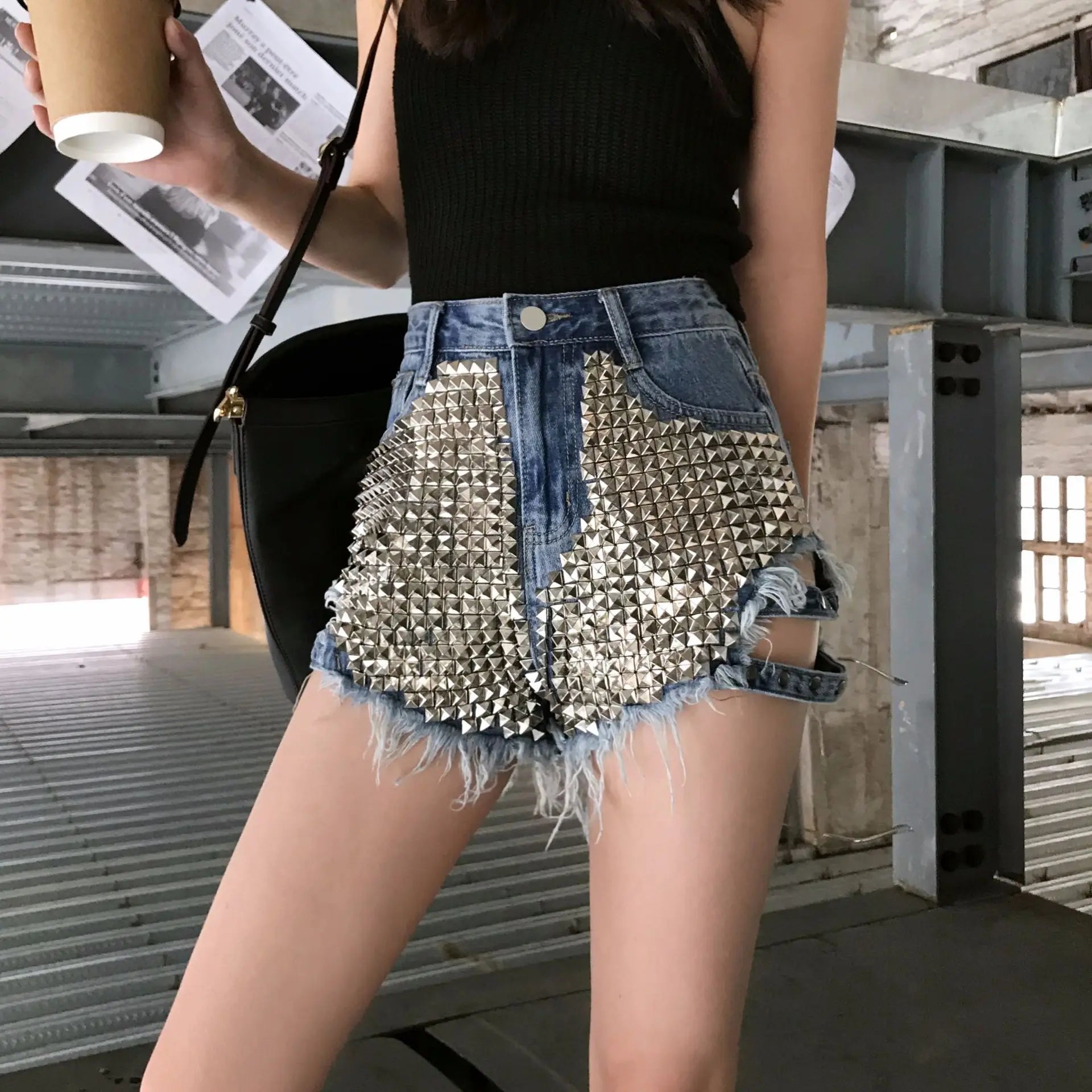 Summer Side Spike Damen-Denim-Shorts 2021 Mode Loose Holes High Waist Jeans High Street Weite Beine Dünne Shorts Damen Hosen