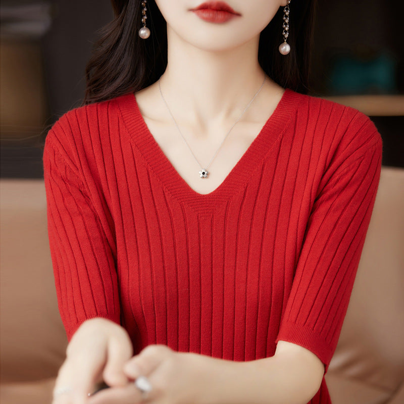 Damen Pullover Frühling Sommer Kurzarm V-Ausschnitt Strickshirt Lässige koreanische Pullover Gestreiftes Unterziehshirt Slim Fit Pullover