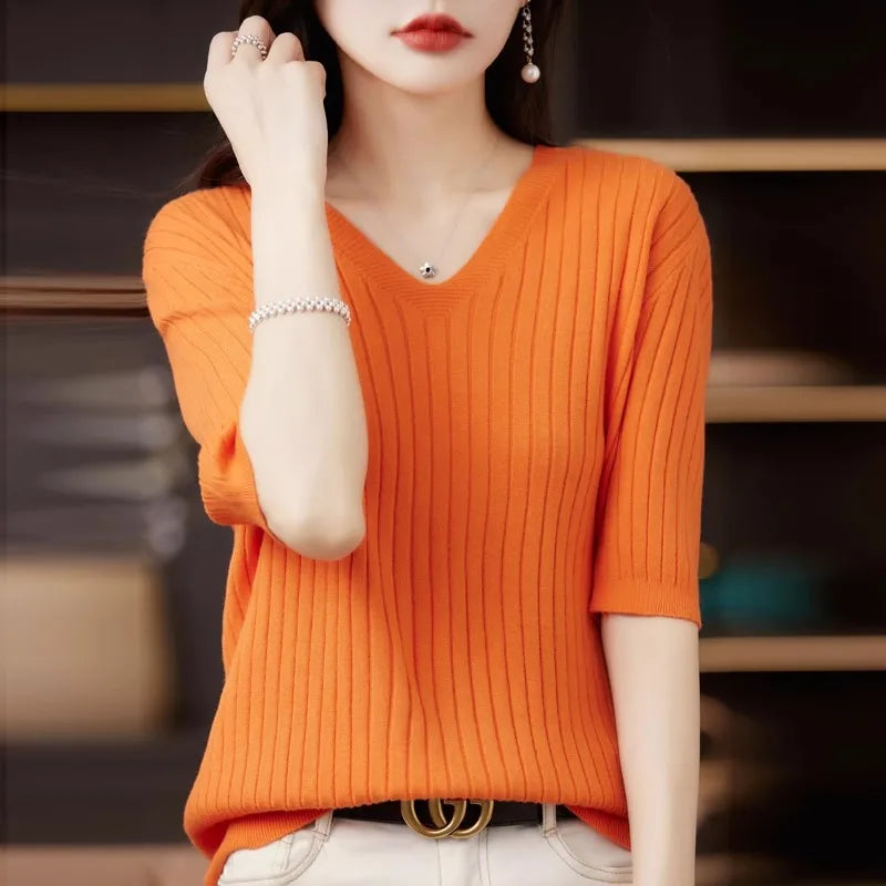 Damen Pullover Frühling Sommer Kurzarm V-Ausschnitt Strickshirt Lässige koreanische Pullover Gestreiftes Unterziehshirt Slim Fit Pullover Zweitbild