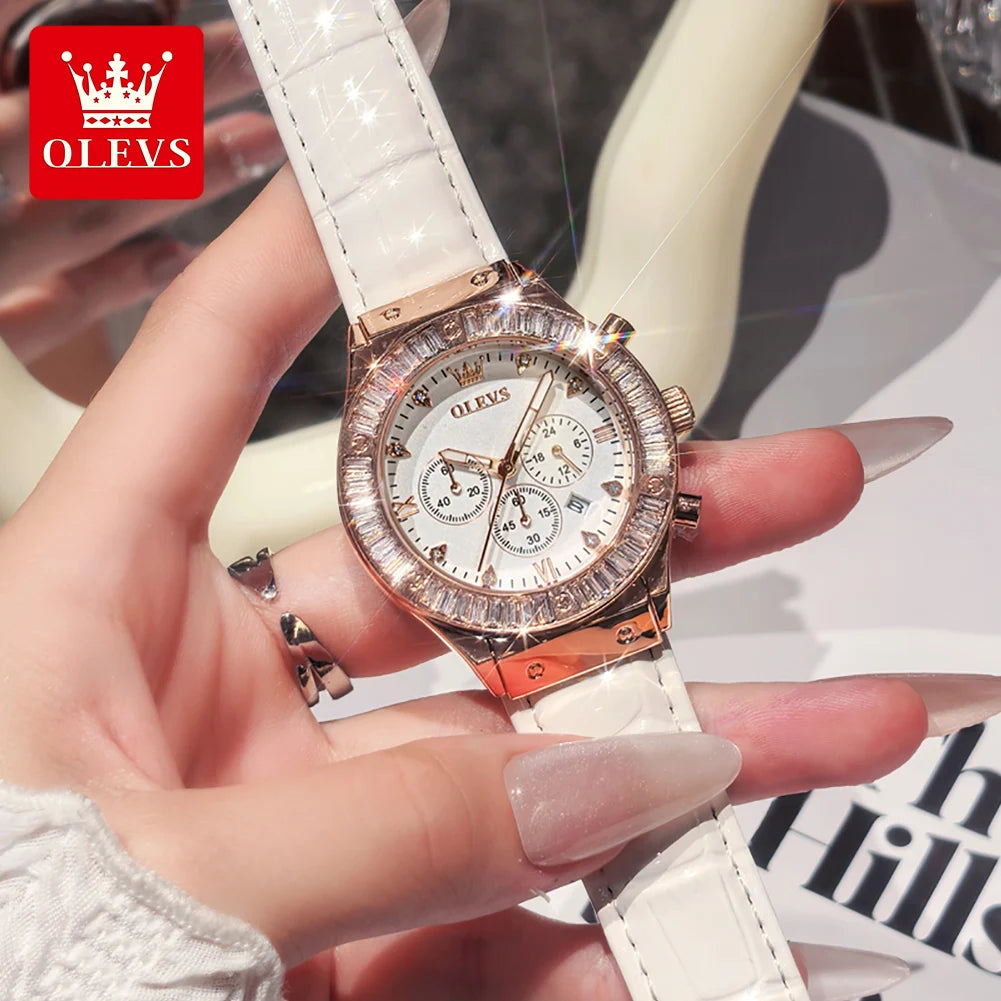 OLEVS 9978 Damenuhr, multifunktionale Quarzuhr, wasserdicht, leuchtendes Lederarmband, elegante modische Uhren für Damen, Geschenke