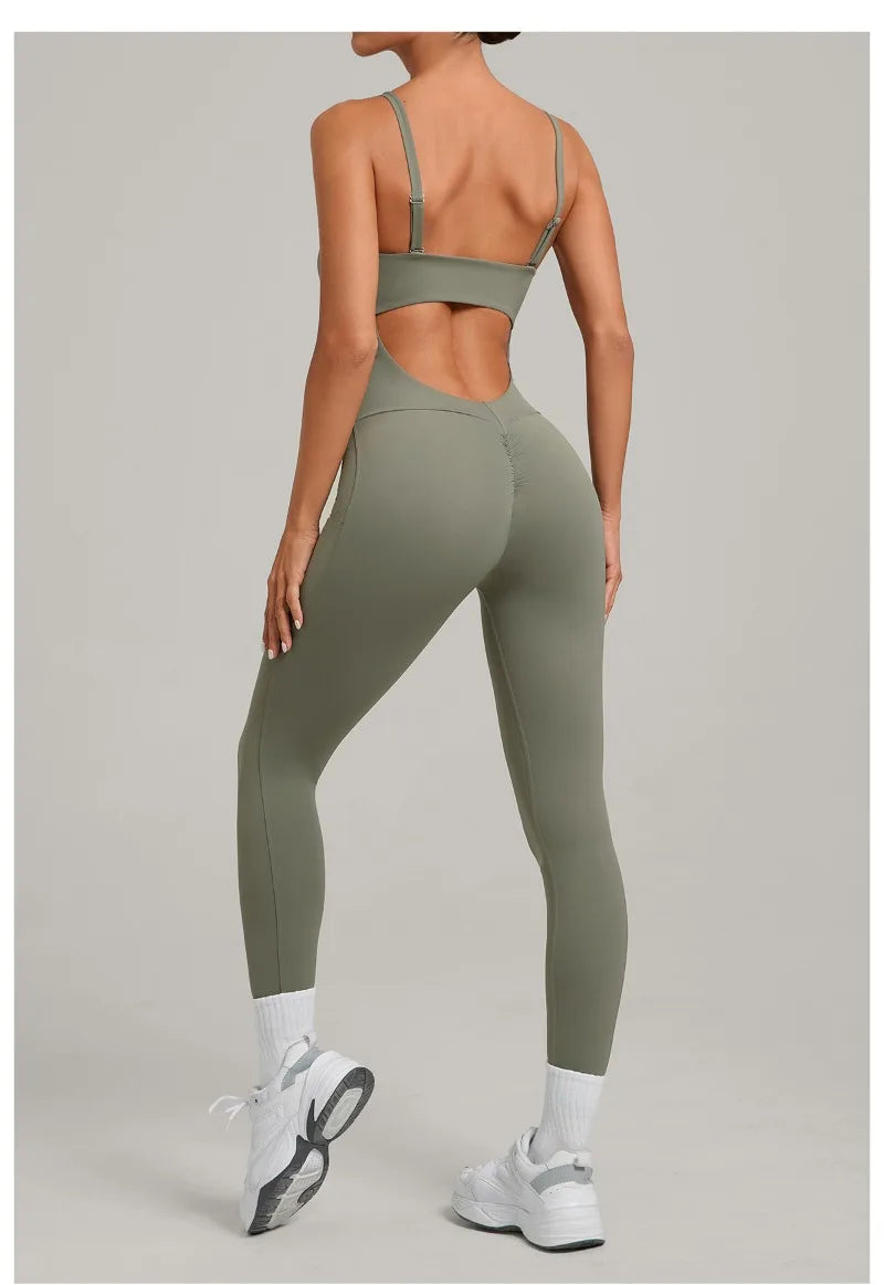 Damen Yoga Jumpsuits Sport Fitness Einteiler Schönheits-Rückengurt Tasche Hüfthebend Slim Fit Laufen Workout Training Bodysuit