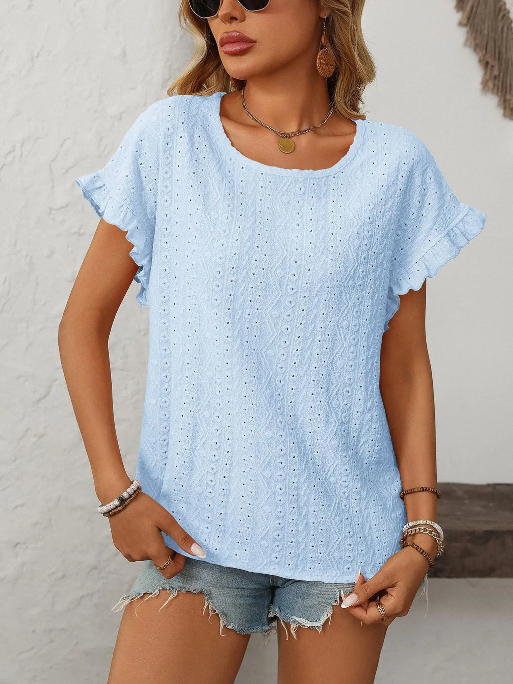 Solid Casual Loose Blouses For Women Fashion 2025 Summer Women's Hollow Short Sleeve Shirts And Blouses Elegant Female Blue Tops