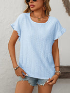 Solid Casual Loose Blouses For Women Fashion 2025 Summer Women's Hollow Short Sleeve Shirts And Blouses Elegant Female Blue Tops