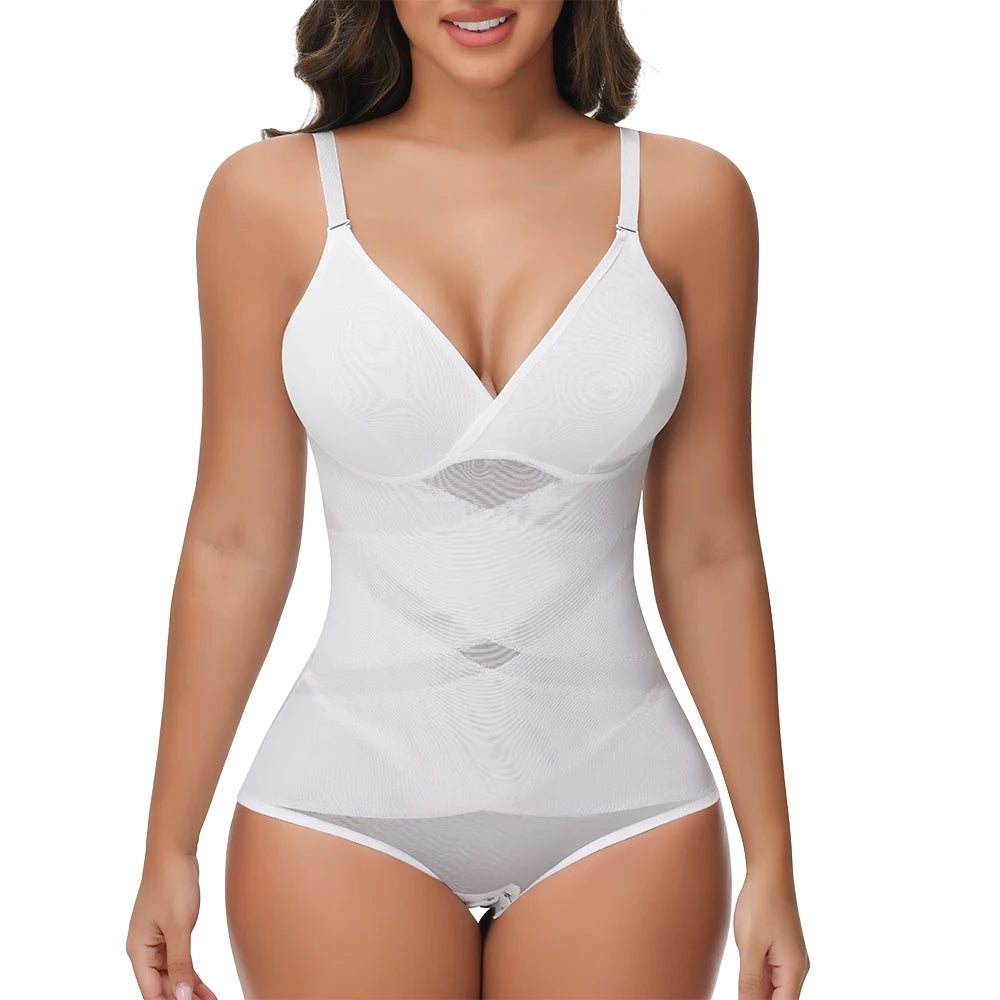 Cross Waist Tummy Control Body Shaping Bodysuit für Damen Ganzkörperkontrolle V-Ausschnitt Mesh Atmungsaktiver Slip Unterwäsche Po-Former