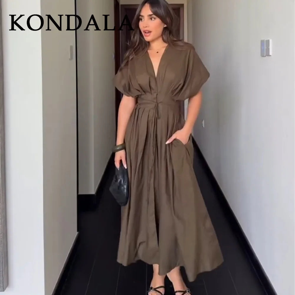 KONDALA 2026 Frühling Sommer Vintage Damenkleid Mode Einreihig Schärpen Drapierter V-Ausschnitt Ärmellos Schicke Braune Damenkleider