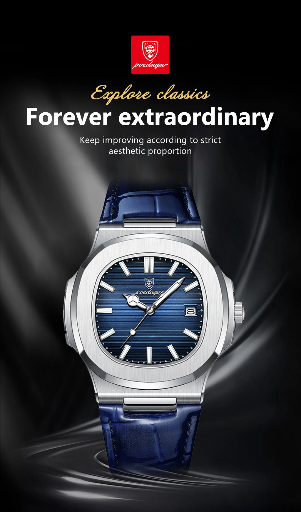 POEDAGAR Top Luxus Quadratische Herrenuhr Datum Wasserdicht Leuchtend Herren Armbanduhr Hochwertige Leder Herren Quarzuhren+Box Reloj