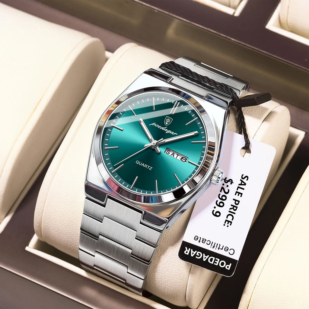 POEDAGAR Luxus Herrenuhren Wasserdicht Leuchtende Datumsanzeige Wochentag Herrenuhr Edelstahl Casual Mode Quarz Herren Armbanduhr Reloj