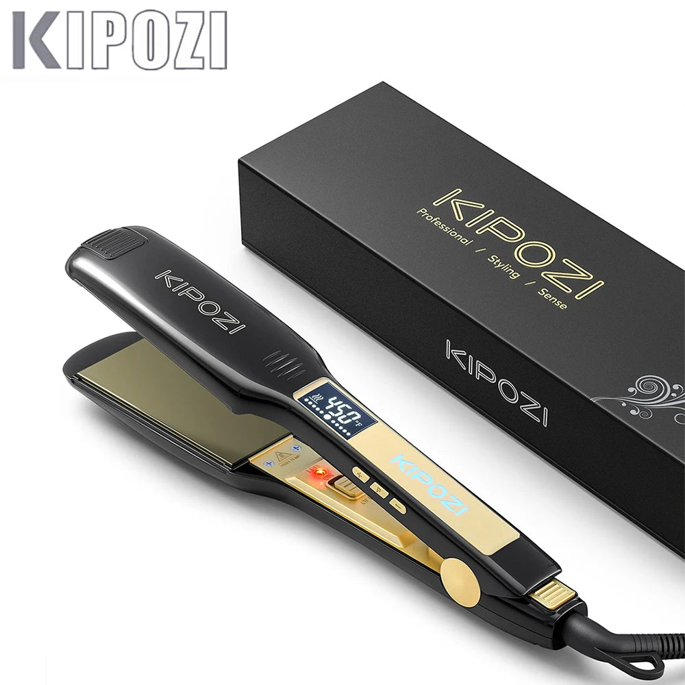KIPOZI Professioneller Titan-Glätteisen mit digitalem LCD-Display, Dualspannung, sofortige Aufheizfunktion, Lockenstab