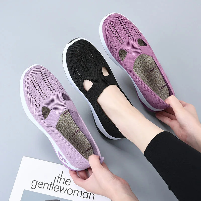 Damen Neue Sommerschuhe Mesh Atmungsaktive Sneaker Leichte Slip-on Plateau Freizeitschuhe Damen Rutschfeste Gehschuhe Gewebte Schuhe