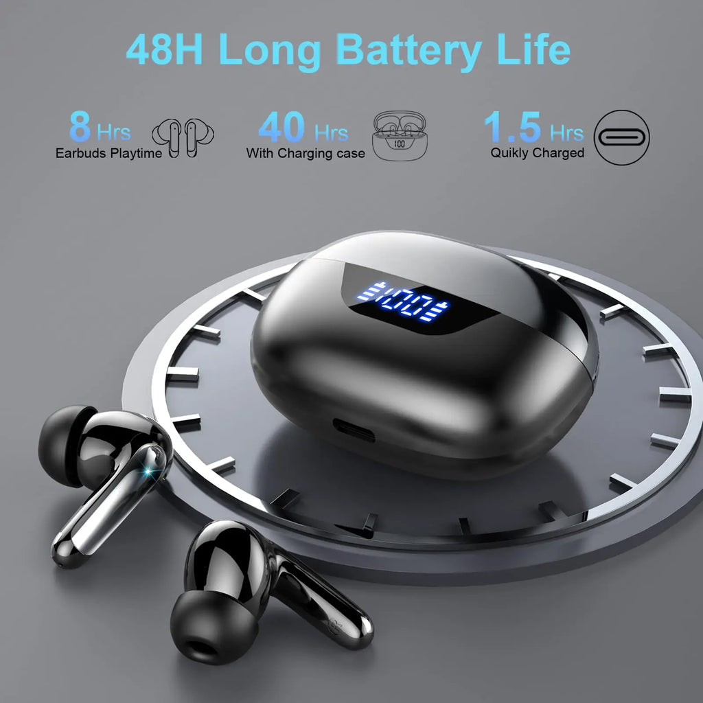 Kabellose Kopfhörer, Bluetooth 5.3 Stereo-Ohrhörer In-Ear mit 4 ENC Mikrofon für klare Anrufe, Geräuschunterdrückende Ohrstöpsel, 48 Stunden Akkulaufzeit.