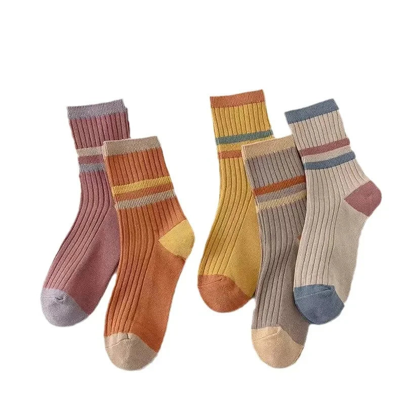5 Paar gestreifte Socken für Damen, bequem, weich, mittellang, Winter, Harajuku, lustige Freizeitsocken, Damenstrümpfe, Strumpfwaren