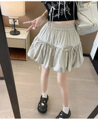Süße Schleifen Plissierte Flauschige Röcke für Damen Sommer Koreanischer Stil Elastische Taille Laternenrock Damen Lockerer Weißer A-Linien Minirock