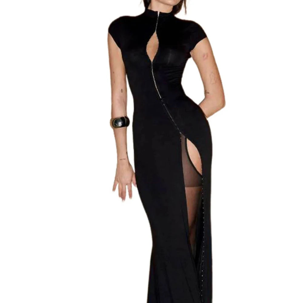 Schwarze Abendkleider mit hohem Schlitz, Rollkragen, Reißverschluss, schmal geschnitten, figurbetonter Rock, sexy heißes Mädchen-Nachtclub-Kleid für Damen Streetwear