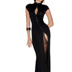 Schwarze Abendkleider mit hohem Schlitz, Rollkragen, Reißverschluss, schmal geschnitten, figurbetonter Rock, sexy heißes Mädchen-Nachtclub-Kleid für Damen Streetwear