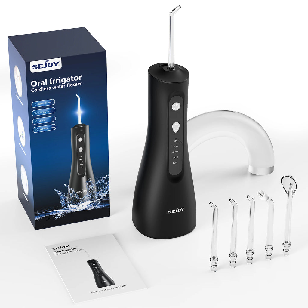 Sejoy Elektrische Wasserflosser Munddusche Wiederaufladbar Tragbar Dental 5 Modi Wassertank Zähne 300ML Wasserdichter Reiniger
