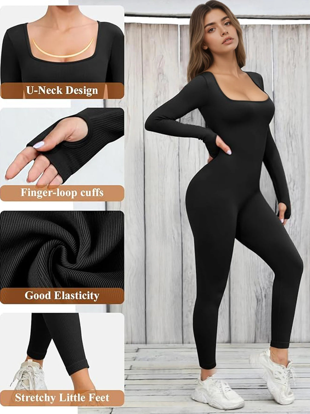Damen Jumpsuit Langarm Jumpsuit Yoga Gerippter Strampler Sexy Einteiliger Bodycon Workout Full Bodysuit mit Hose