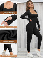Damen Jumpsuit Langarm Jumpsuit Yoga Gerippter Strampler Sexy Einteiliger Bodycon Workout Full Bodysuit mit Hose