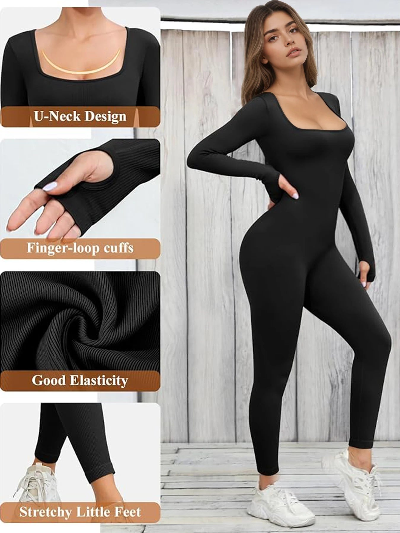 Damen Jumpsuit Langarm Jumpsuit Yoga Gerippter Strampler Sexy Einteiliger Bodycon Workout Full Bodysuit mit Hose