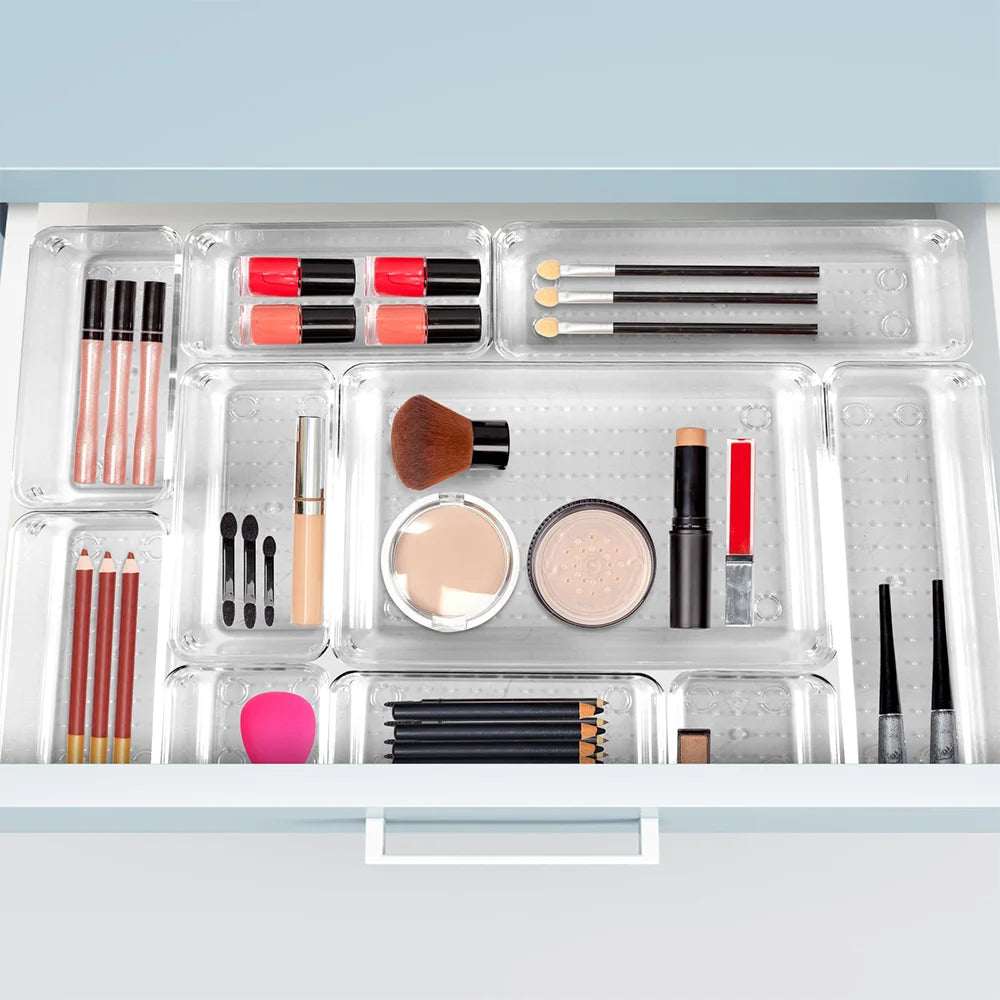 25tlg. Schubladen Organizer Set, durchsichtige Kunststoff-Schreibtischteiler, Behälter, Schlafzimmer-Kommode, Büro-Aufbewahrungsbox für Make-up, Schmuck, Gadgets