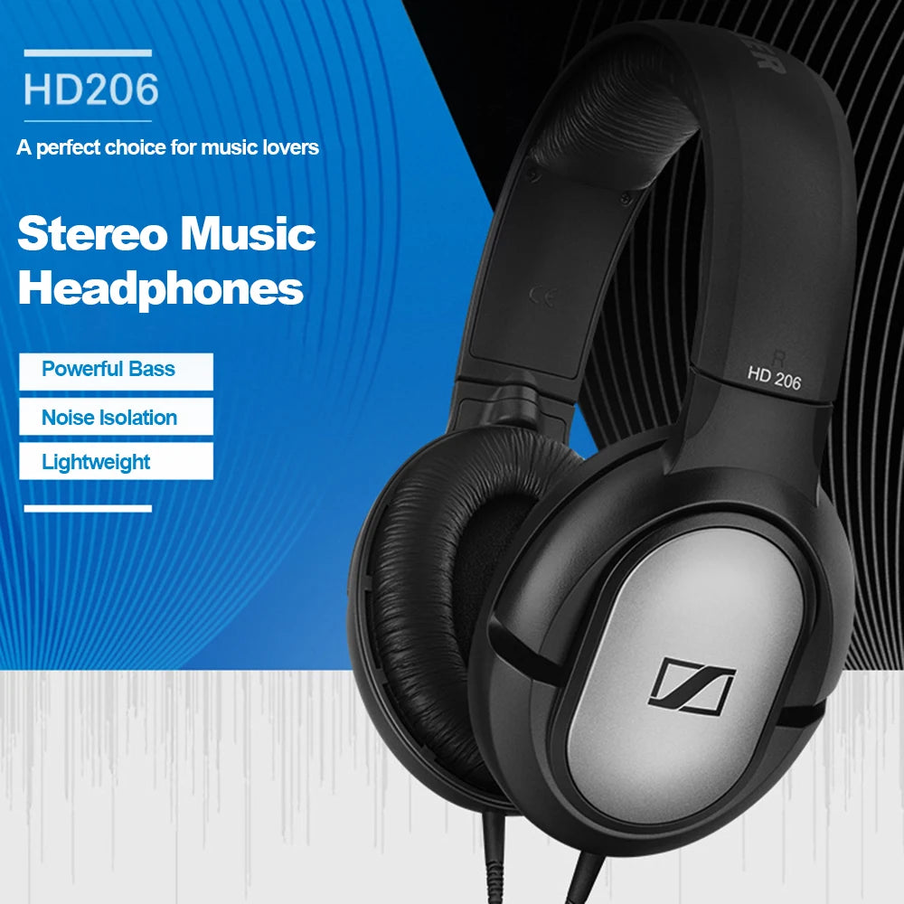 Sennheiser HD206 Over-Ear Kabelgebundene HiFi-Treiber Stereo-Bass Audiophile Kopfhörer Original Noise-Cancelling Monitoring Headset
