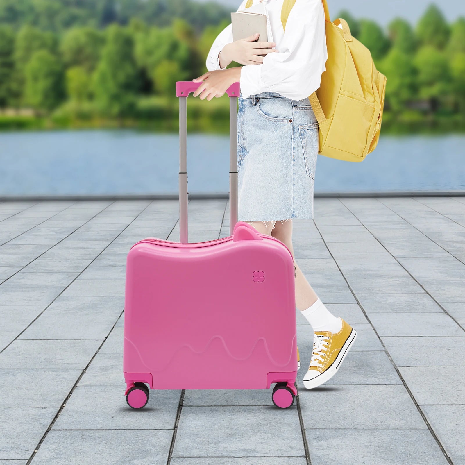 18 Inch Ride-On Suitcase, Cute Luggage with Internal Mesh Pocket, Storage Box with Swivel Casters for Short Trips, Pink Secondary image