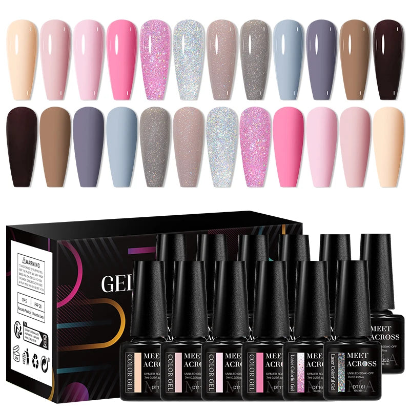 MEET ACROSS 12tlg/Set 7ml Macaron Gel Nagellack mit Box Semi-permanenter UV-Gel Soak Off Nail Art Kit Nagellack für Maniküre
