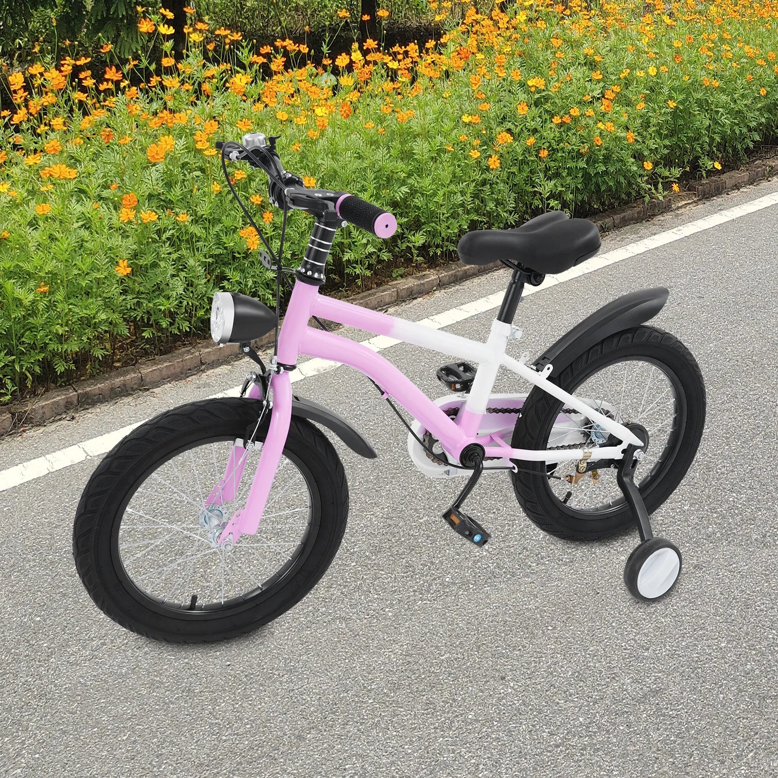 16 Zoll Kinderfahrrad Carbonstahl Mountainbike mit Stützrädern & LED-Licht für 5-8 Jahre, Höhenverstellbar, 60kg
