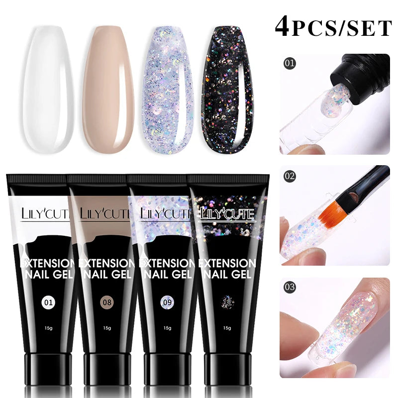 LILYCUTE 15ml Verlängerungsgel-Nagellack-Set Quick Nail Prolong mit Verlängerungsform-Nagelspitzen Acryl-Lösung Maniküre-Werkzeug-Kit