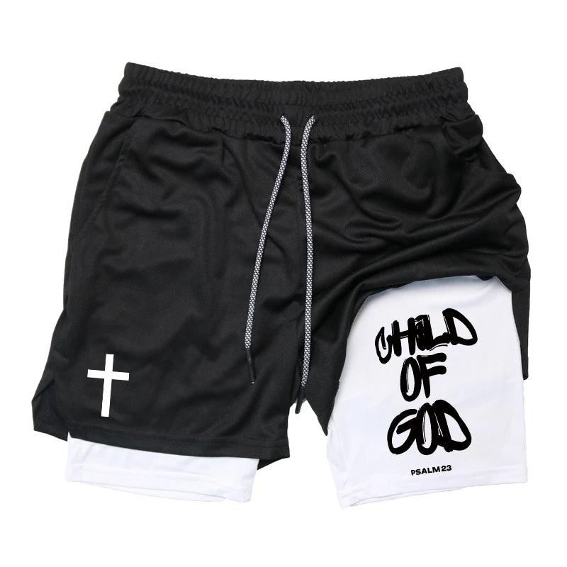 Herren-2-in-1-Lauf-Workout-Shorts mit Druck, Christian Gym Athletic Performance Shorts mit Handytasche und Handtuchschlaufe, Activewear