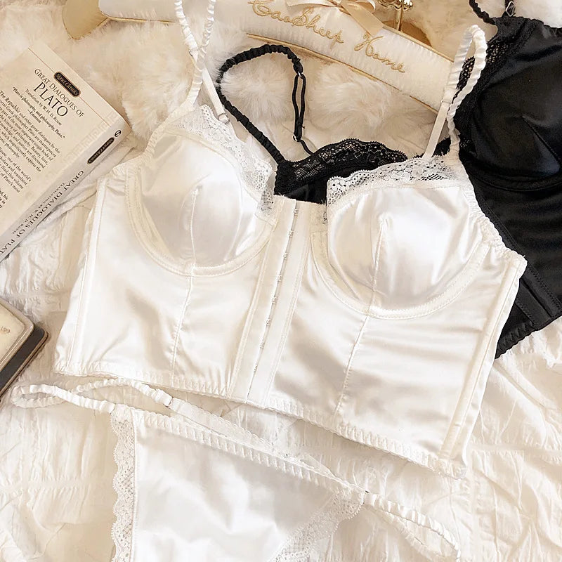 Sommer Damen Dessous Set Französisches Sexy Spitzen-Ultra-Dünn-BH-Set Seidenstoff Komfort Verstellbare Träger Bralette Strings Unterwäsche-Set