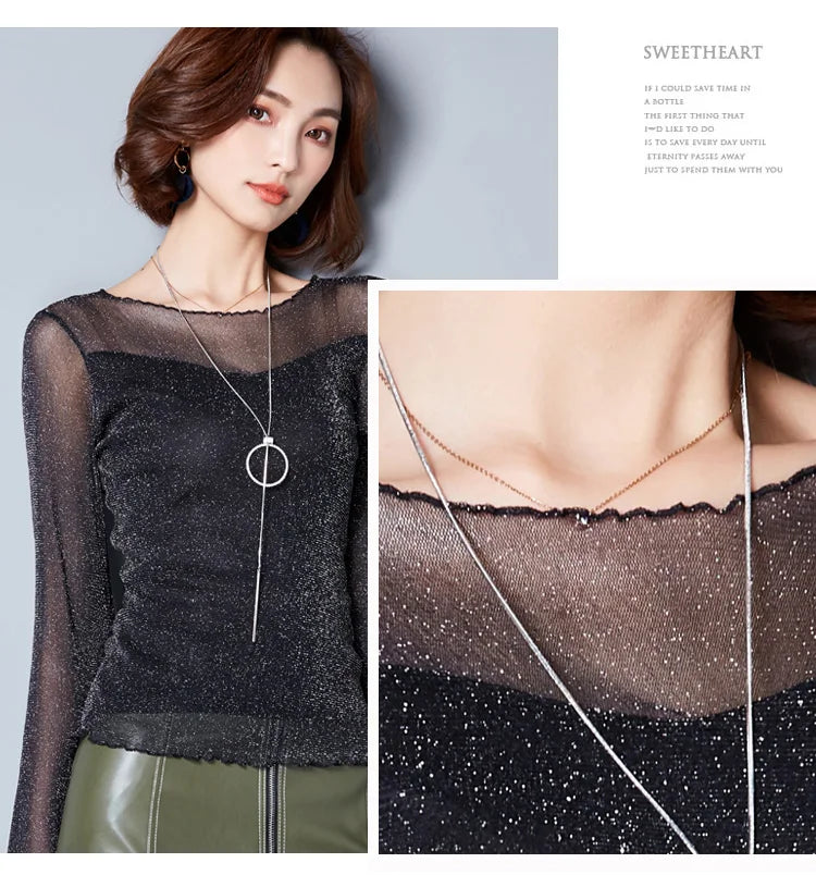 Glitzer-Netzbluse Sexy Damen Shirts Langarm-Oberteile Koreanisch Schwarz Pink O-Neck Elegante Slim Bluse Camisas Femininas