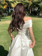 Horetong Bow Slash Neck Sexy Dress Sommer Damen Weiß Feenhaft Elegant A-Linie Midi Kleider Weiblich Party Abschlussball Kleidung Vestdios