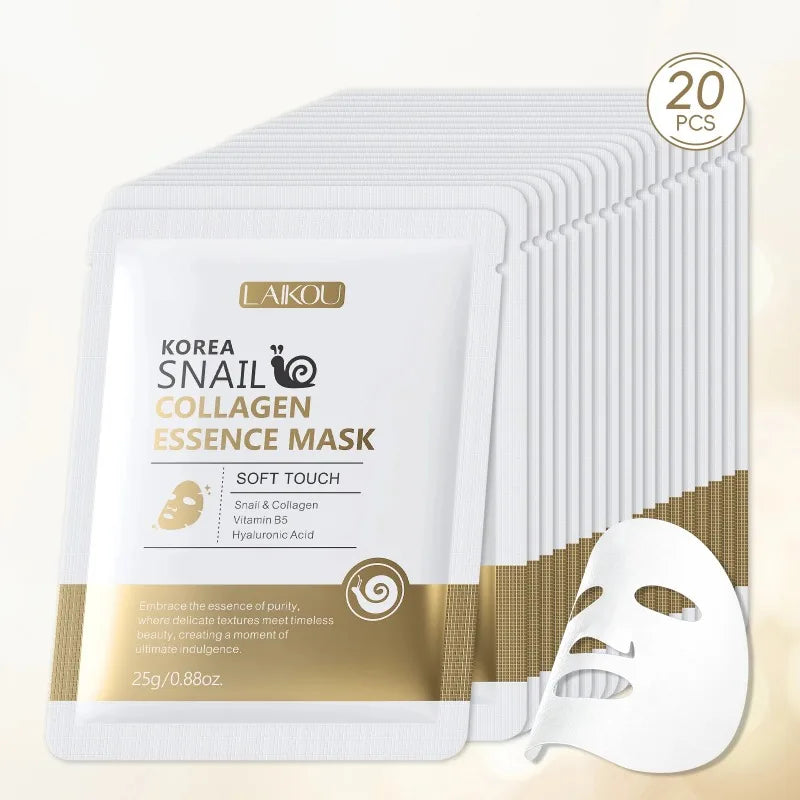 LAIKOU Korea Schnecken-Kollagen-Essenz-Maske, feuchtigkeitsspendende Tuchmaske, Anti-Falten-Gesichtsmaske, straffende Hautpflege, 25g*20 Stück