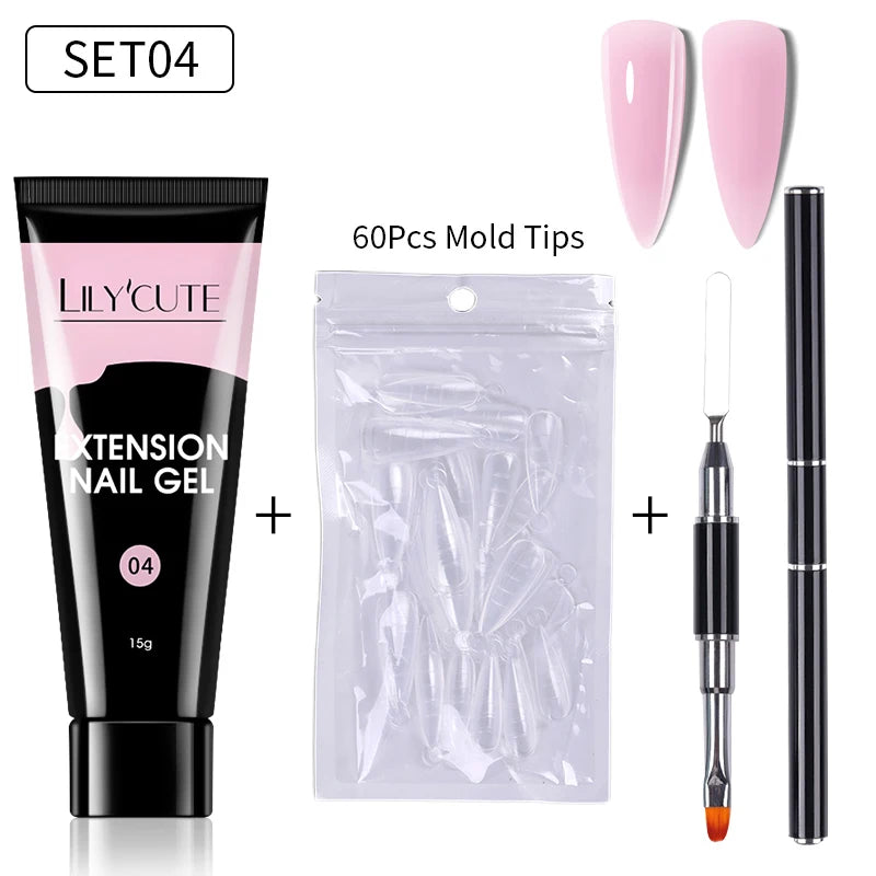LILYCUTE 15ml Verlängerungsgel-Nagellack-Set Quick Nail Prolong mit Verlängerungsform-Nagelspitzen Acryl-Lösung Maniküre-Werkzeug-Kit