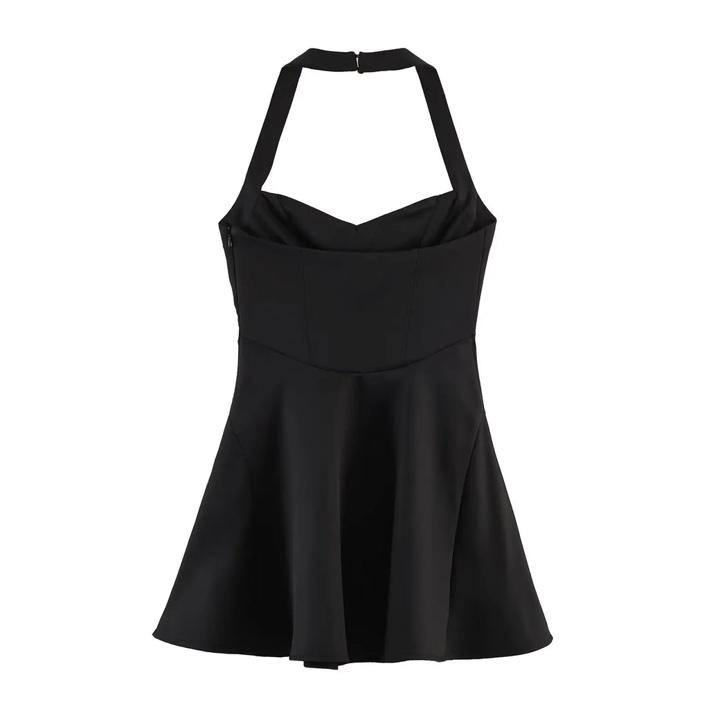 HH Sommer elegantes Neckholder-Faltenkleid einfarbig elegant kurz für Damen sexy rückenfreies ärmelloses Party-Minikleid Mujer